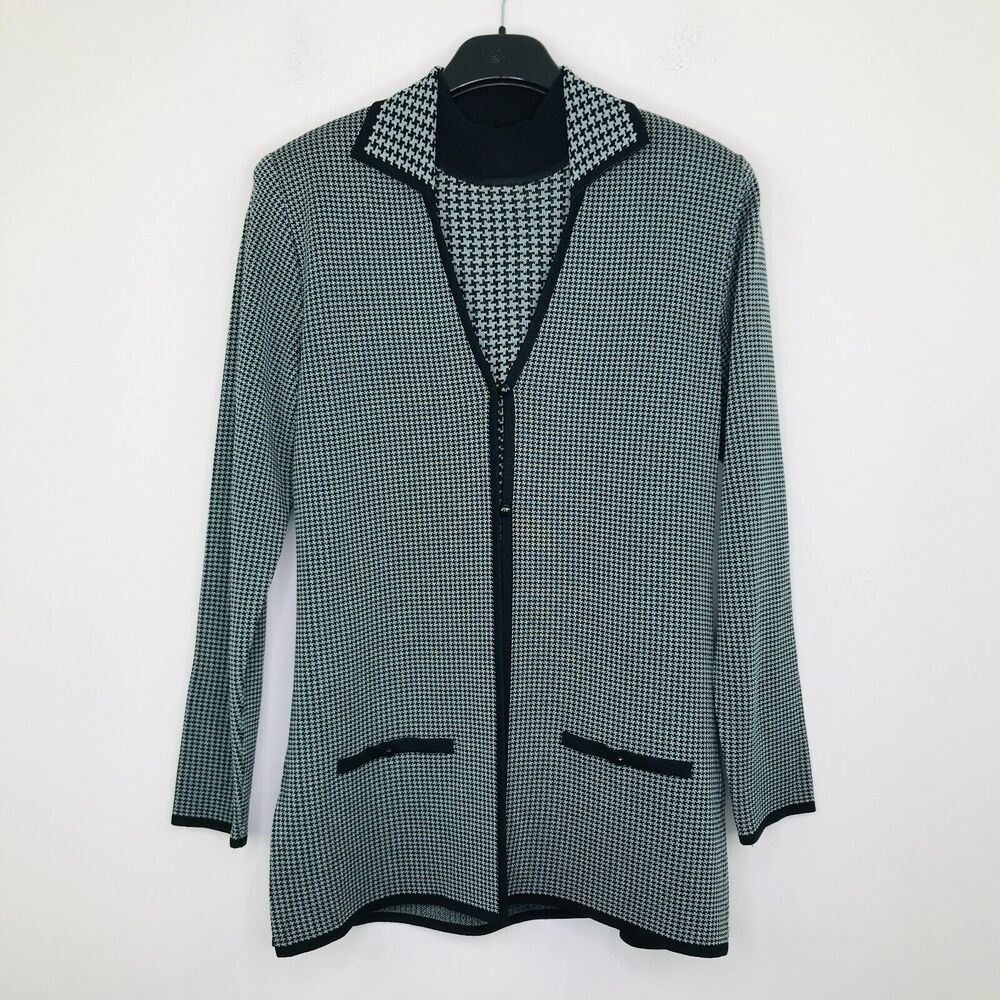Misook Women's XXS Sweater Set Gray Black Shoulder Pad Cardigan Mock Neck BX20